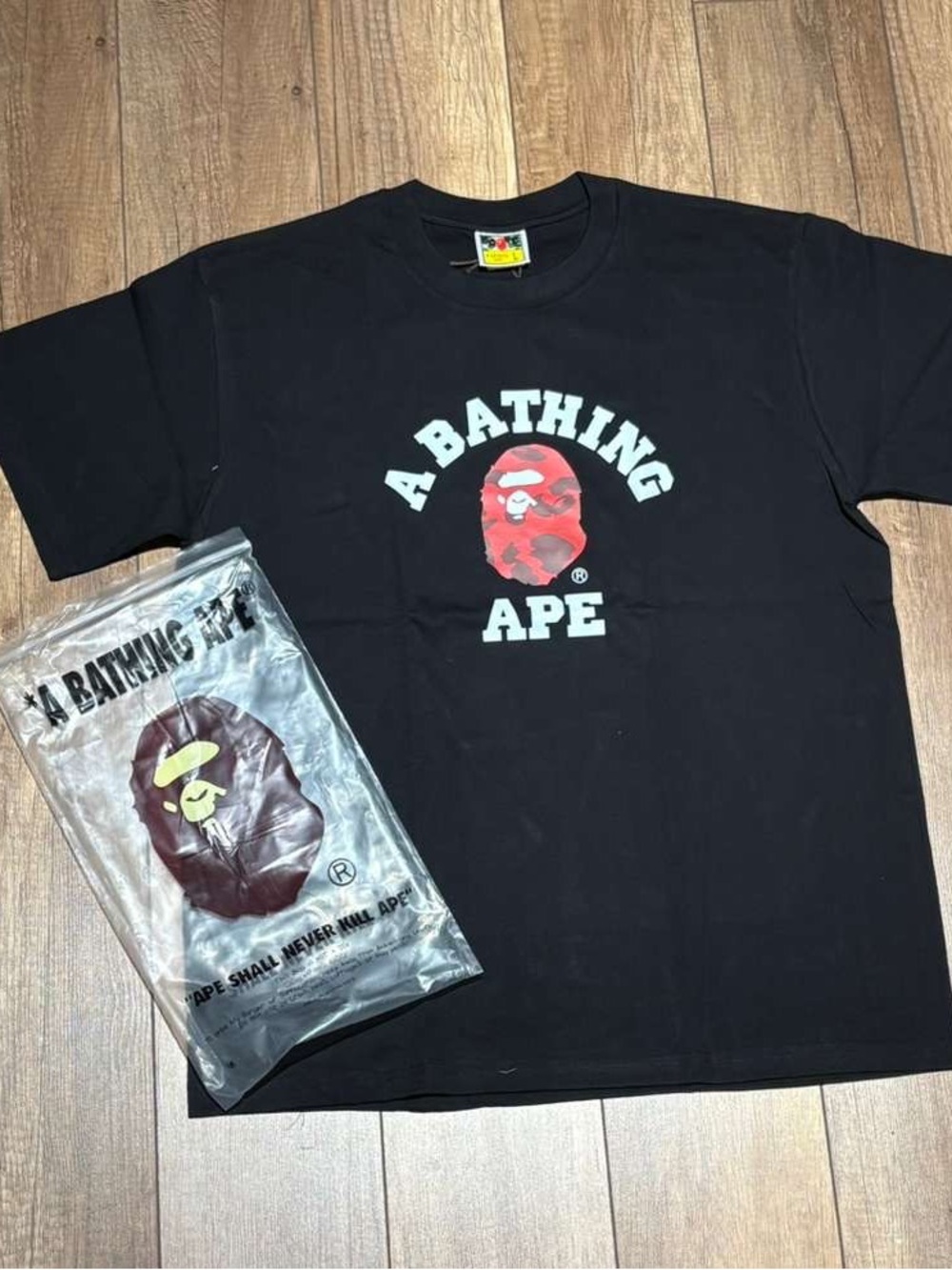 A Bathing Ape BAPE Black Tee Shirt Red Camo Ape Brand New Mens Small, Large